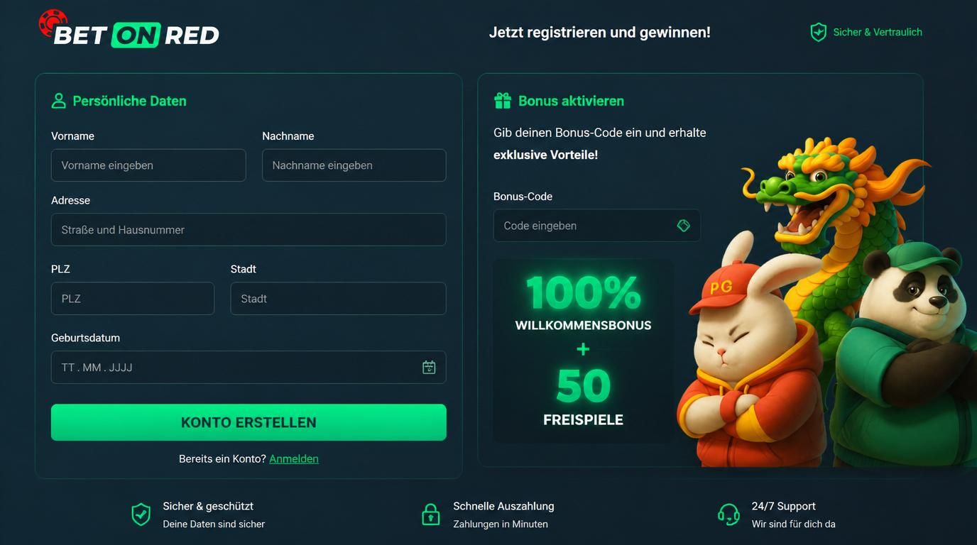 Ein Formular zur Registrierung mit Bonusinformationen und persönlichen Daten.