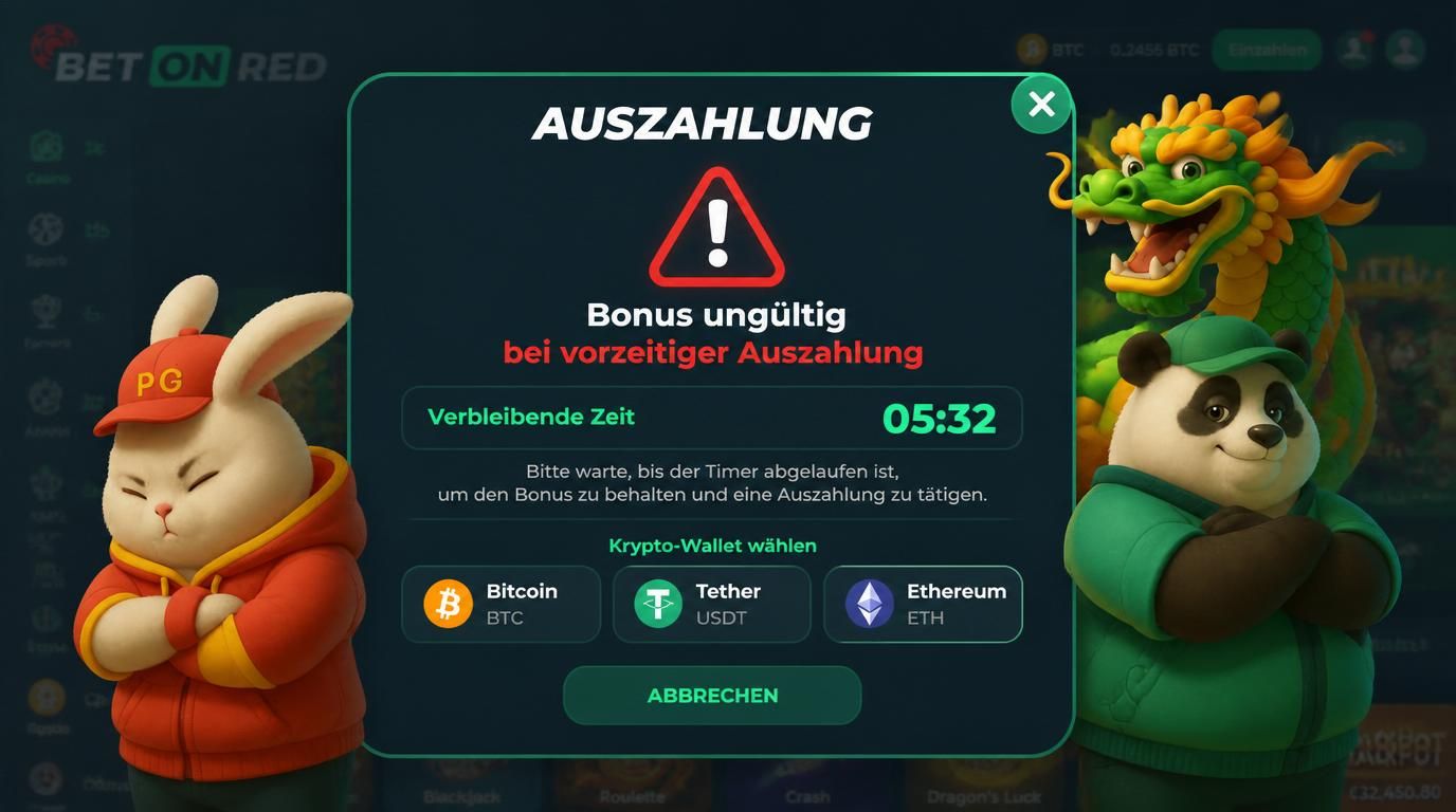 Warnhinweis zur Auszahlung bei aktivem Bonus im Betonred Casino mit Krypto-Symbolen und Timer