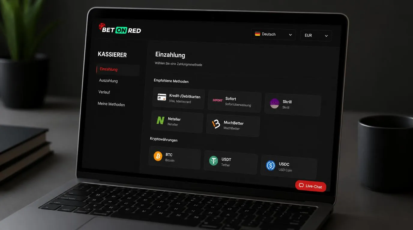 Casino-Kassenbereich mit deutscher Sprache, EUR-Auswahl, Zahlungsmethoden und Live-Chat