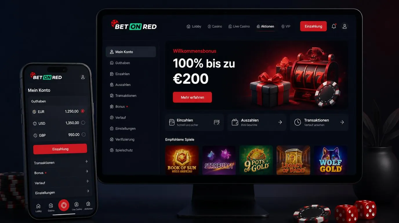 Illustrative Casino-Oberfläche mit Willkommensangebot und mehreren Währungen in einem Konto