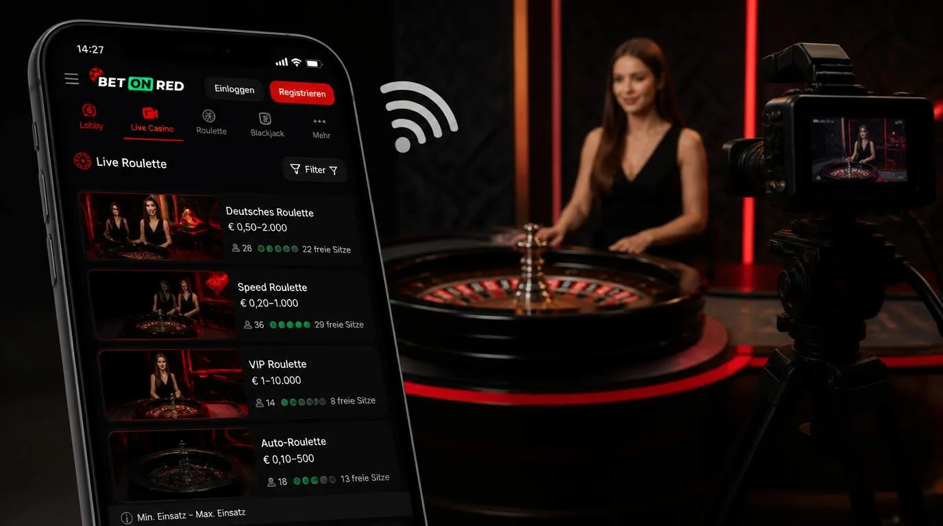 Live-Casino-Lobby auf einem Smartphone mit Tischvorschau, freien Plätzen und sichtbaren Einsatzlimits